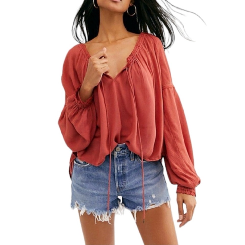 NWT FREE PEOPLE BANDA BLOUSE RUSTED CORAL COMBO SIZE SMALL